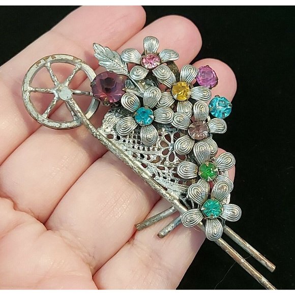 Vintage Garden Wheelbarrow w/Flowers Rhinestones Pin Brooch Costume 3.5" - Picture 9 of 10